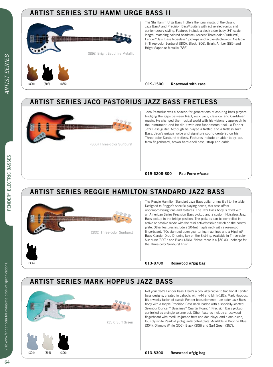 Artist series mark hoppus jazz bass, Artist series stu hamm urge bass ii, Ar tist series | Fender Artist Series User Manual | Page 3 / 12