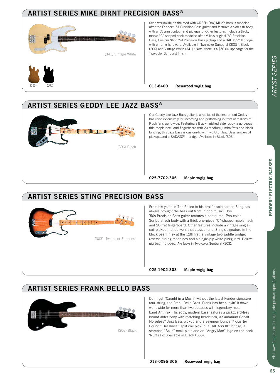 Artist series geddy lee jazz bass, Ar tist series | Fender Artist Series User Manual | Page 4 / 12