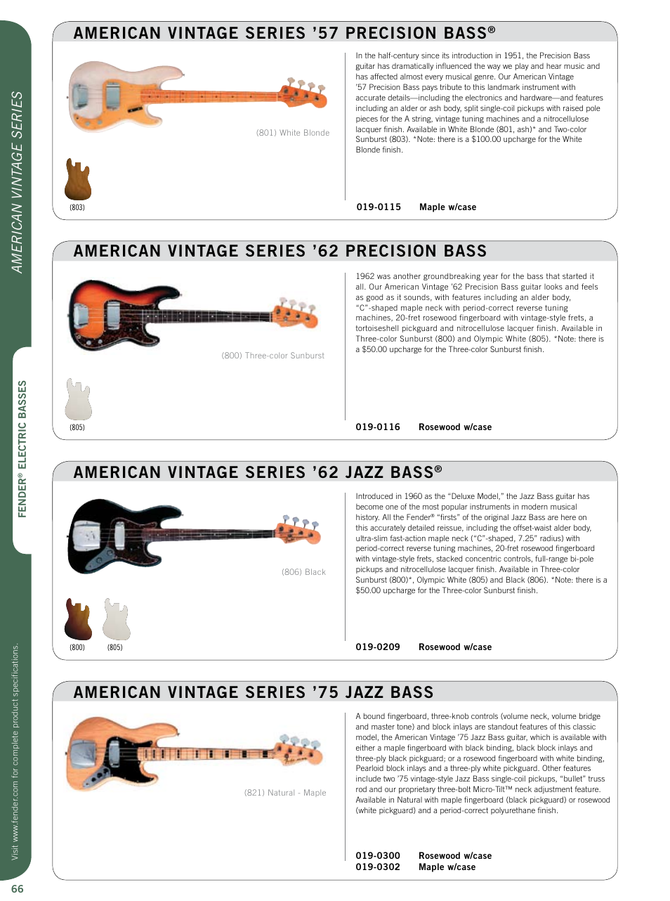 American vintage series ’75 jazz bass, American vintage series ’62 jazz bass, American vintage series ’62 precision bass | American vintage series ’57 precision bass, American vint age series | Fender Artist Series User Manual | Page 5 / 12