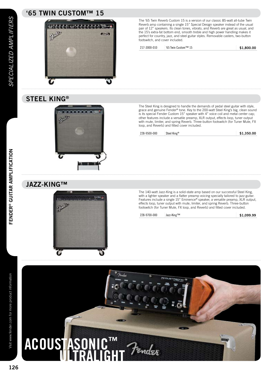 Acoustasonic, Ultralight, 65 twin custom™ 15 | Steel king, Jazz-king | Fender 57 deluxe User Manual | Page 19 / 22