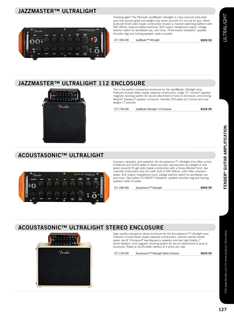 Jazzmaster™ ultralight, Jazzmaster™ ultralight 112 enclosure, Acoustasonic™ ultralight | Acoustasonic™ ultralight stereo enclosure, Ult r alig h t | Fender 57 deluxe User Manual | Page 20 / 22