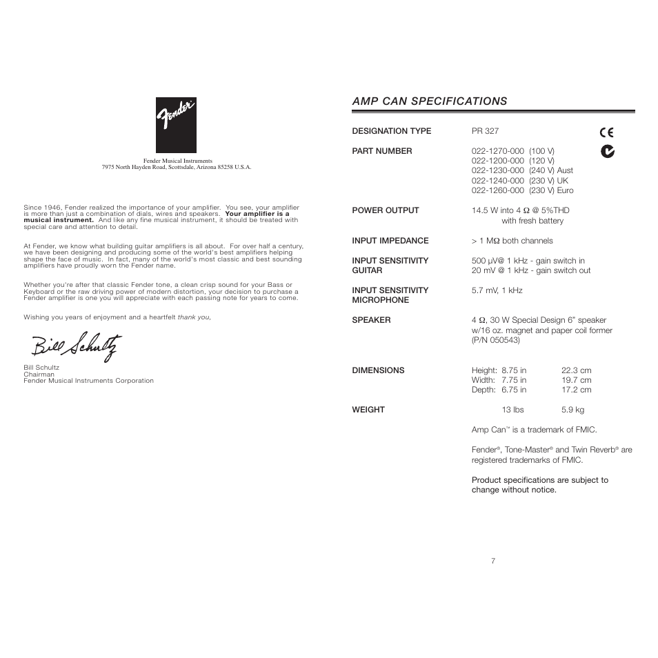 Amp can specifications | Fender Amp Can User Manual | Page 2 / 4