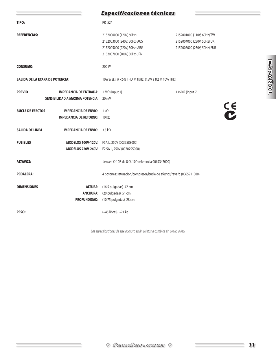 Especificaciones técnicas | Fender Princeton Reverb Amp User Manual | Page 11 / 28