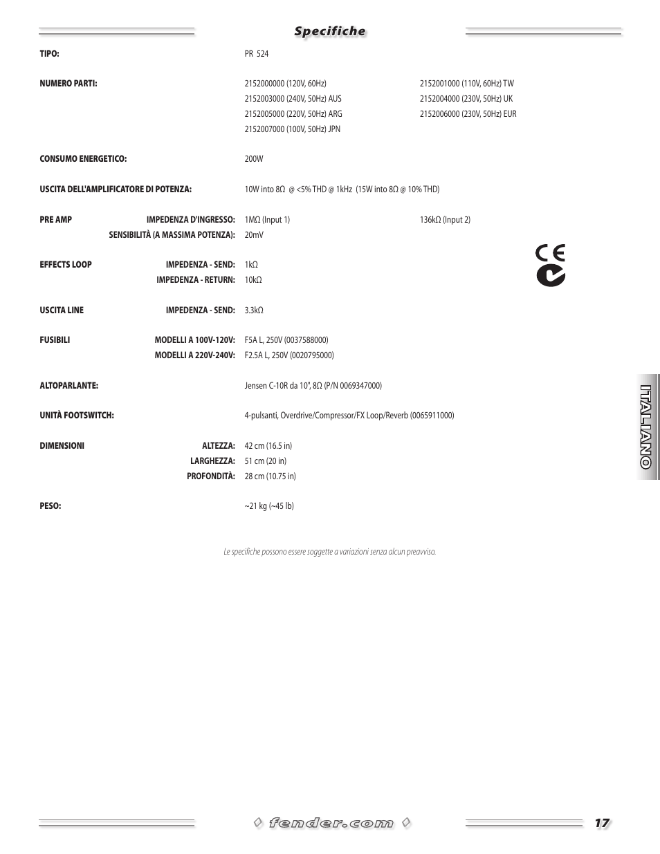 Specifiche | Fender Princeton Reverb Amp User Manual | Page 17 / 28