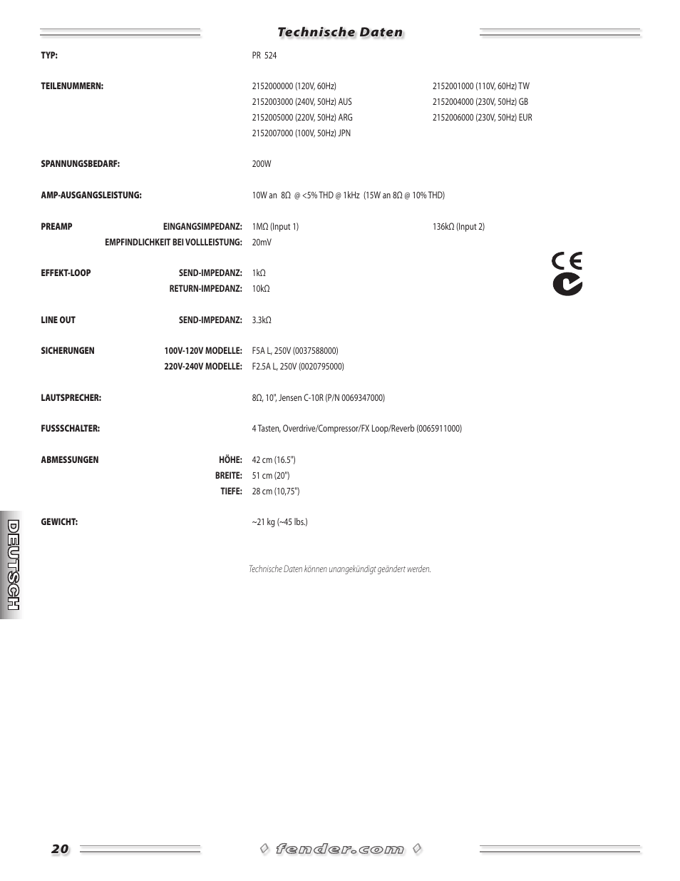 Technische daten | Fender Princeton Reverb Amp User Manual | Page 20 / 28