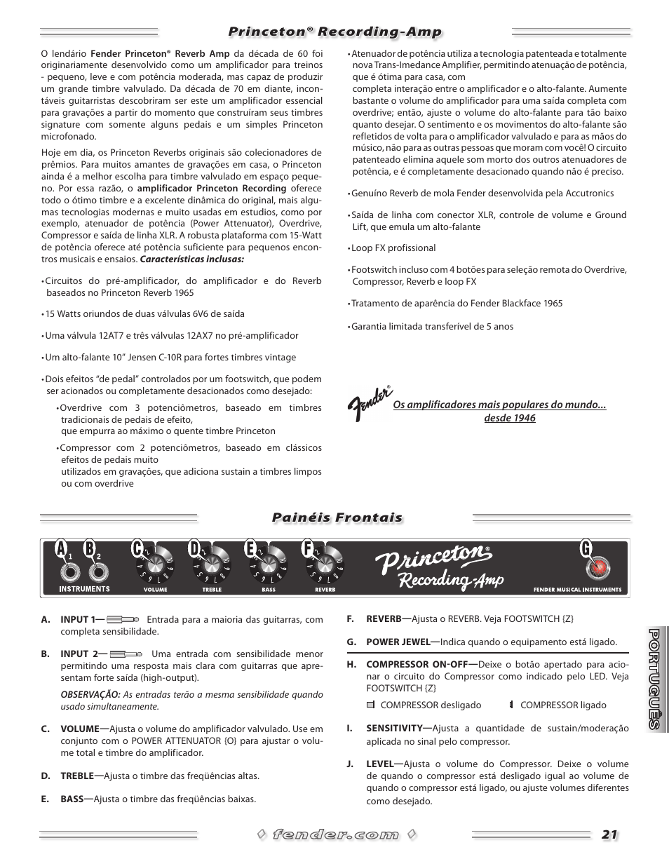 Painéis frontais princeton® recording-amp | Fender Princeton Reverb Amp User Manual | Page 21 / 28