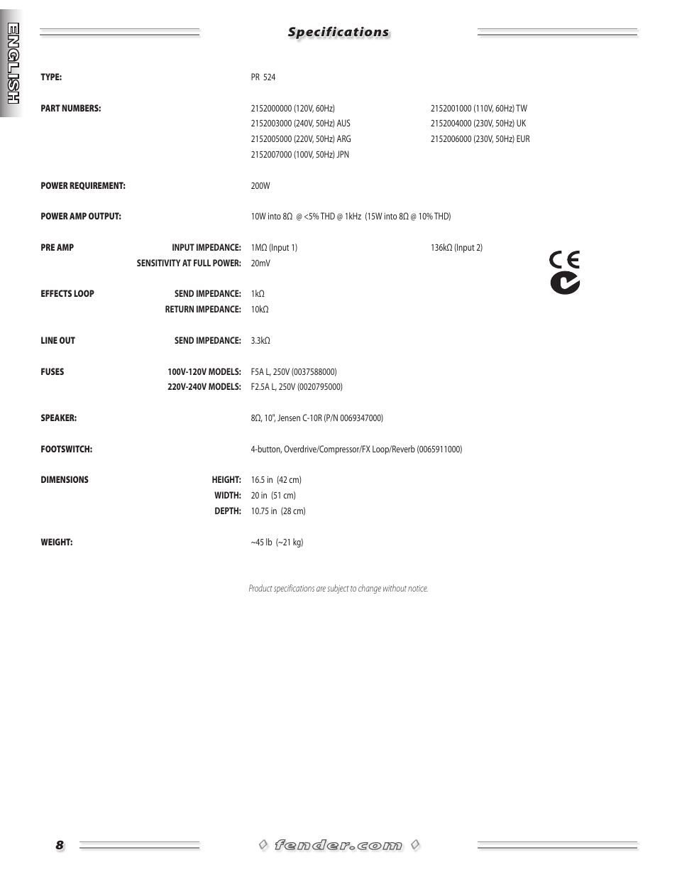 Specifications | Fender Princeton Reverb Amp User Manual | Page 8 / 28