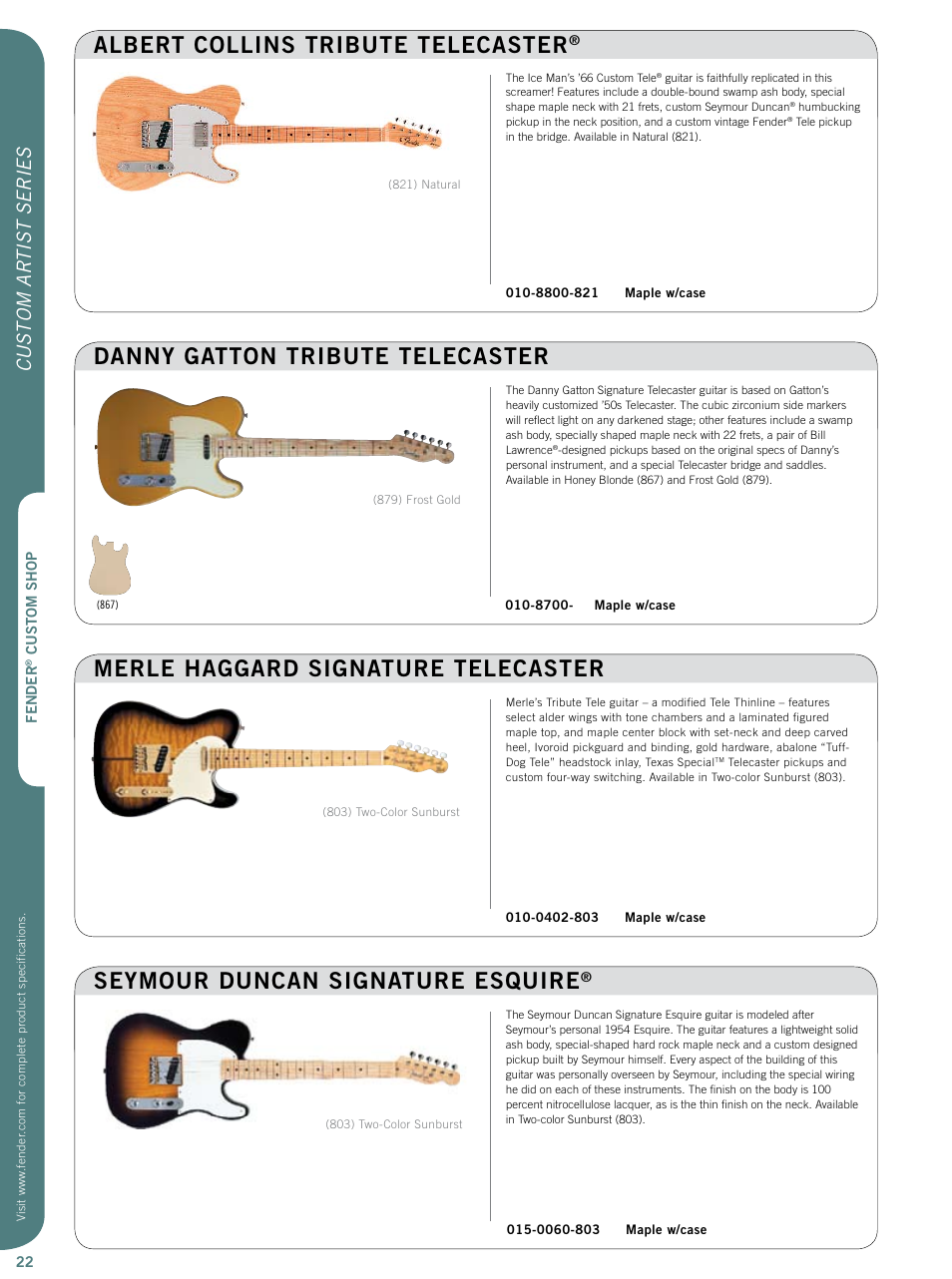 Seymour duncan signature esquire, Custom ar tist series | Fender Custom Artist series User Manual | Page 3 / 14