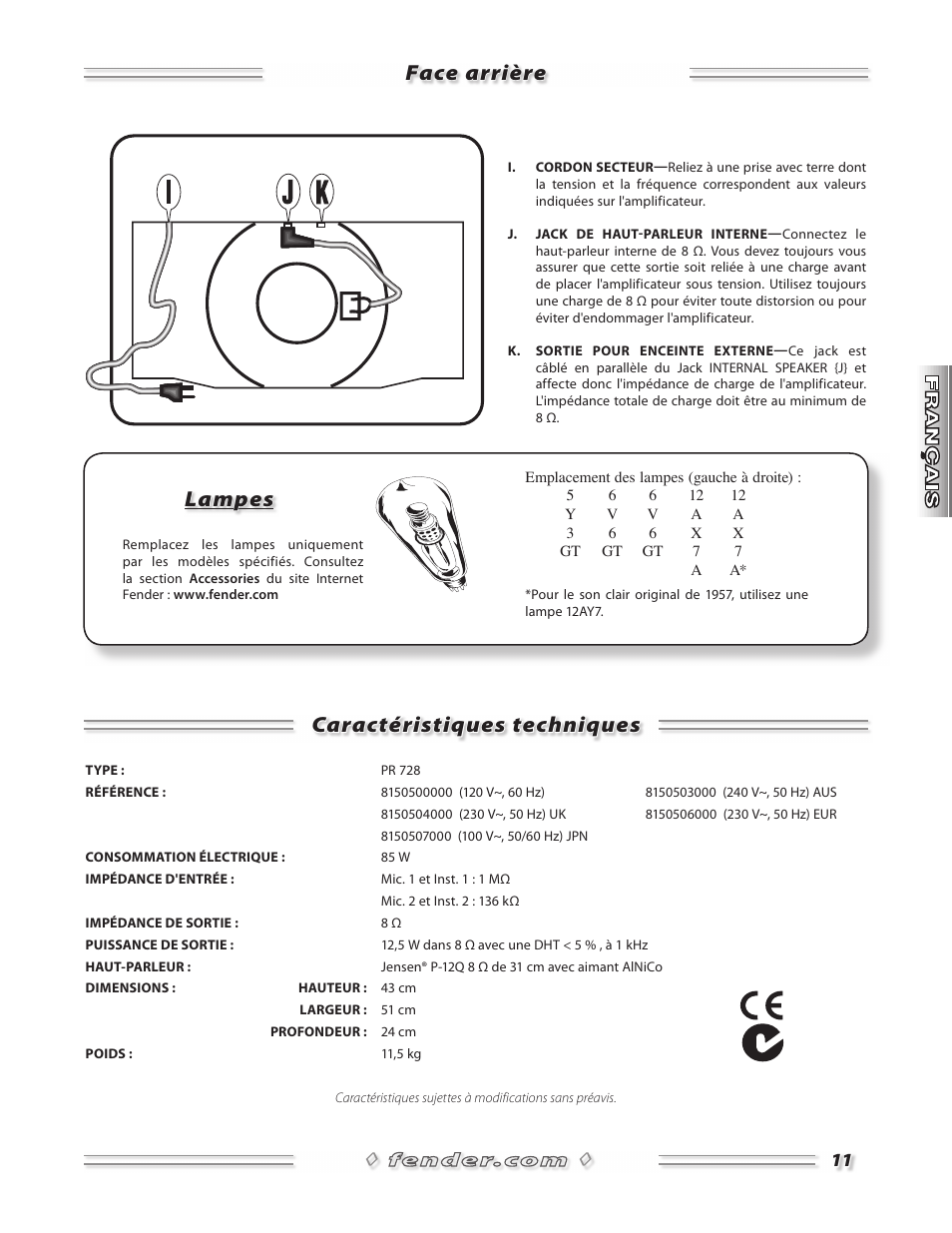 Face arrière caractéristiques techniques, Lampes | Fender 57 Deluxe Amp User Manual | Page 11 / 20