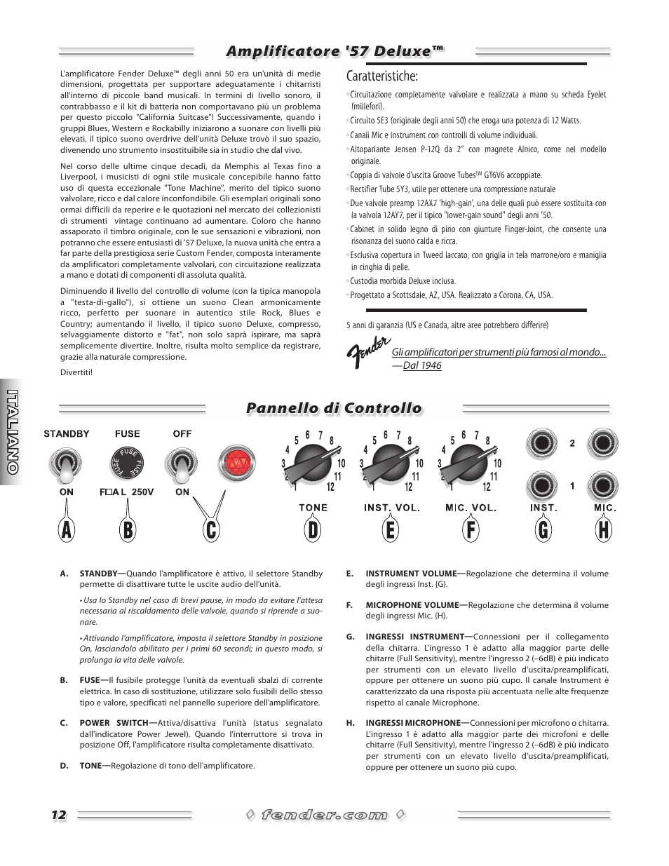 Amplificatore '57 deluxe™ pannello di controllo, Caratteristiche | Fender 57 Deluxe Amp User Manual | Page 12 / 20