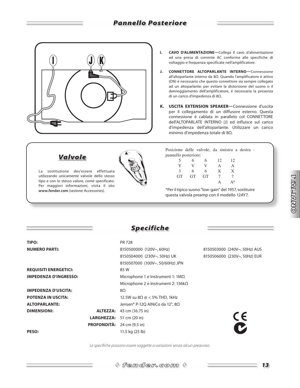 Pannello posteriore specifiche, Valvole | Fender 57 Deluxe Amp User Manual | Page 13 / 20