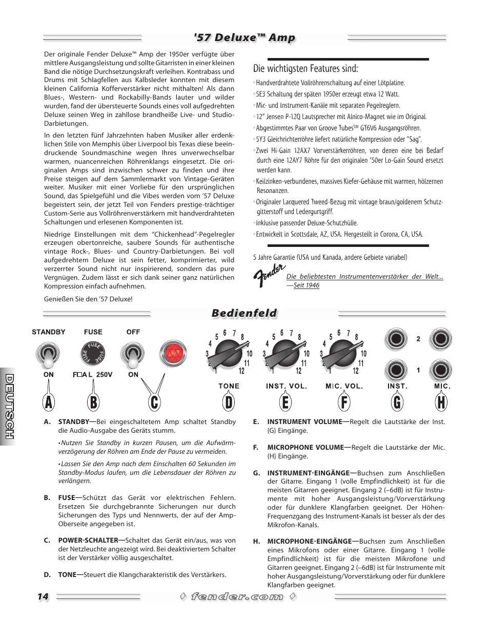 57 deluxe™ amp bedienfeld, Die wichtigsten features sind | Fender 57 Deluxe Amp User Manual | Page 14 / 20