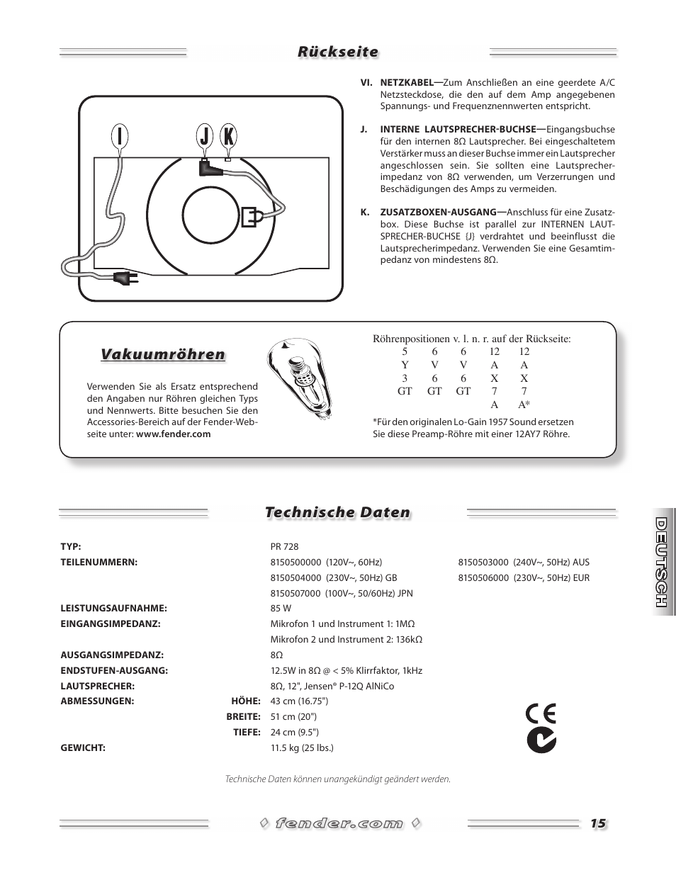 Rückseite technische daten, Vakuumröhren | Fender 57 Deluxe Amp User Manual | Page 15 / 20