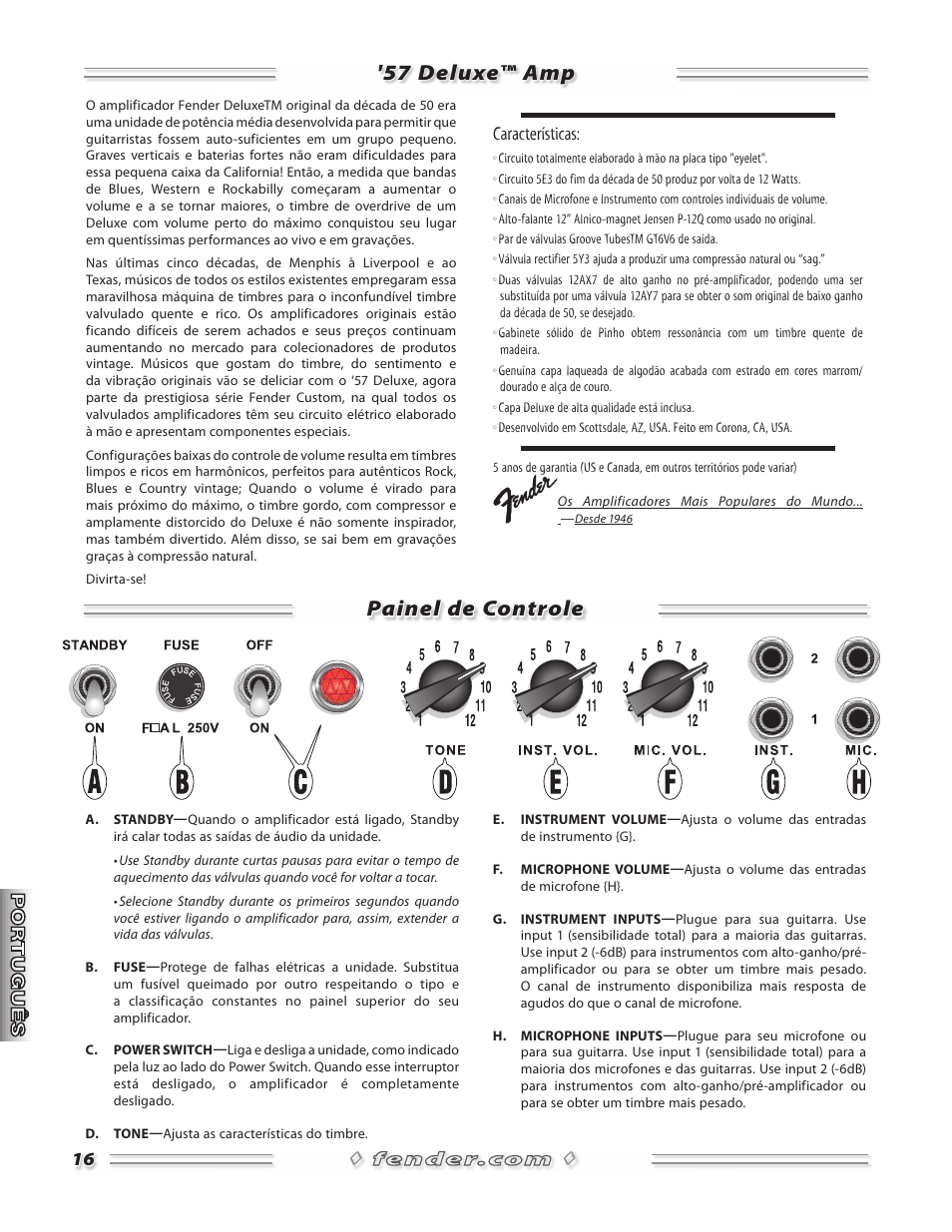57 deluxe™ amp painel de controle, Características | Fender 57 Deluxe Amp User Manual | Page 16 / 20