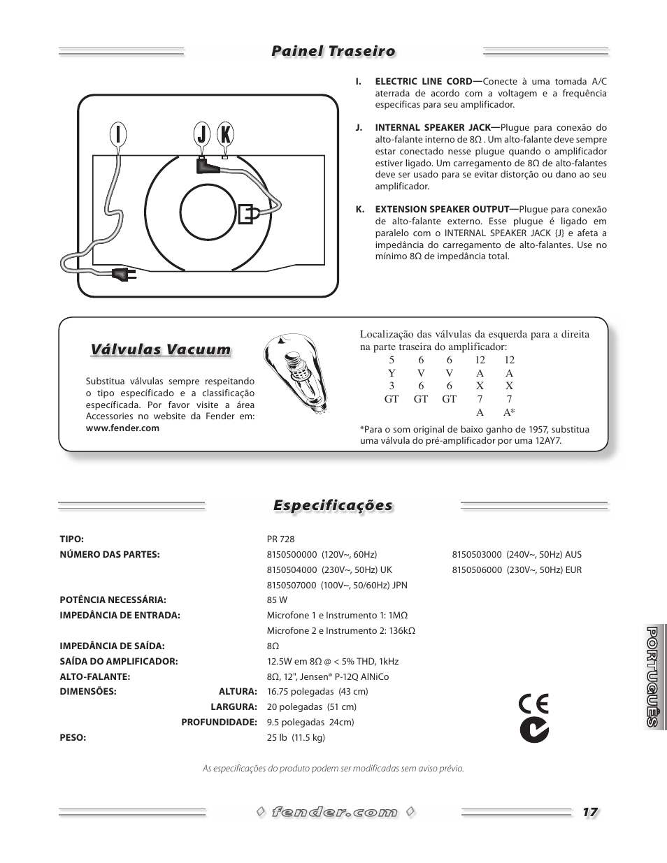 Painel traseiro especificações, Válvulas vacuum | Fender 57 Deluxe Amp User Manual | Page 17 / 20