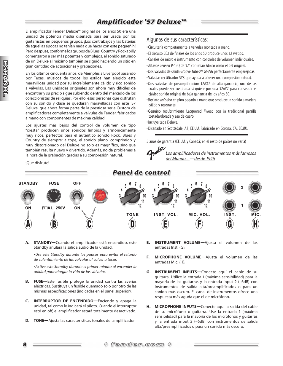 Amplificador '57 deluxe™ panel de control, Algunas de sus características | Fender 57 Deluxe Amp User Manual | Page 8 / 20