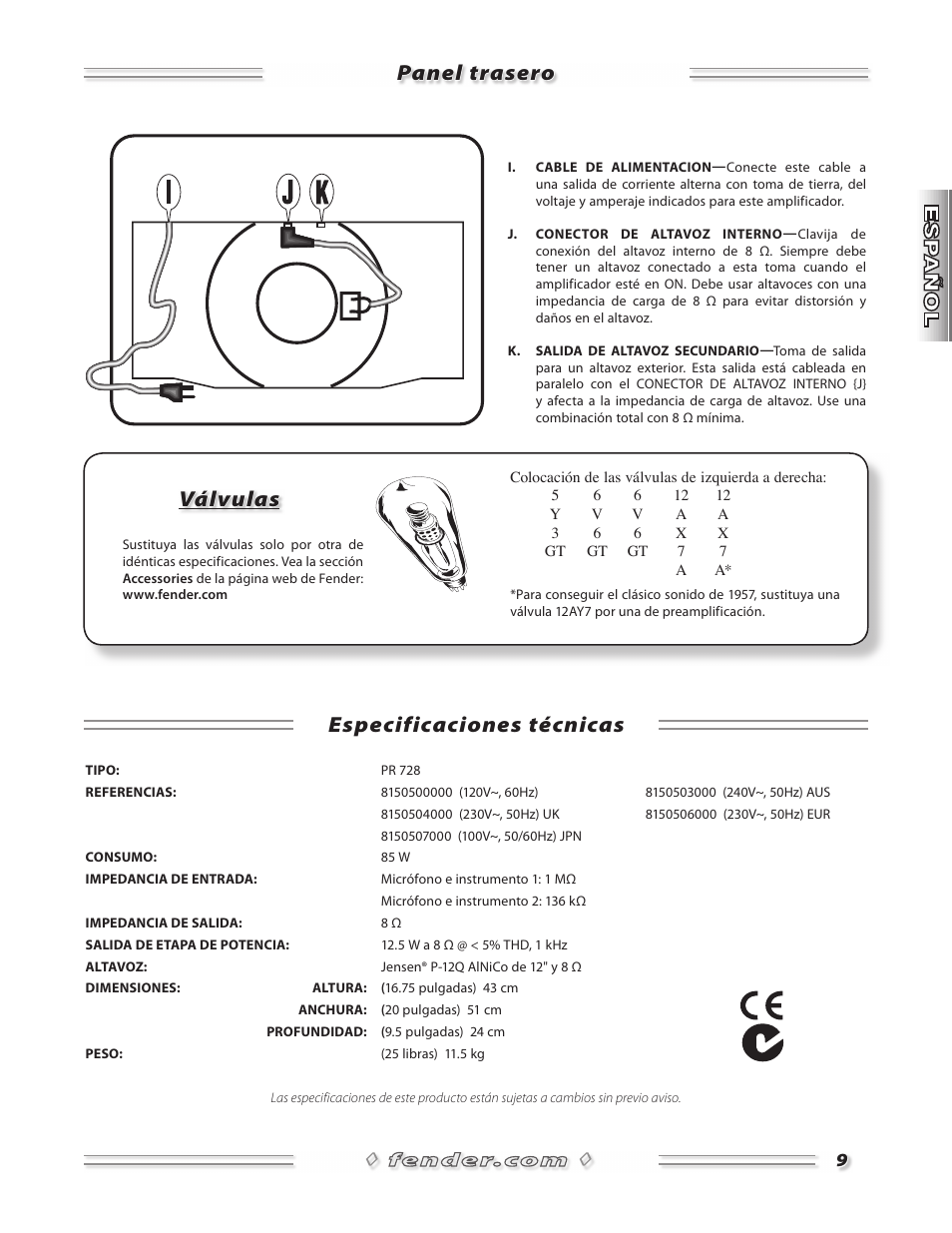 Panel trasero especificaciones técnicas, Válvulas | Fender 57 Deluxe Amp User Manual | Page 9 / 20