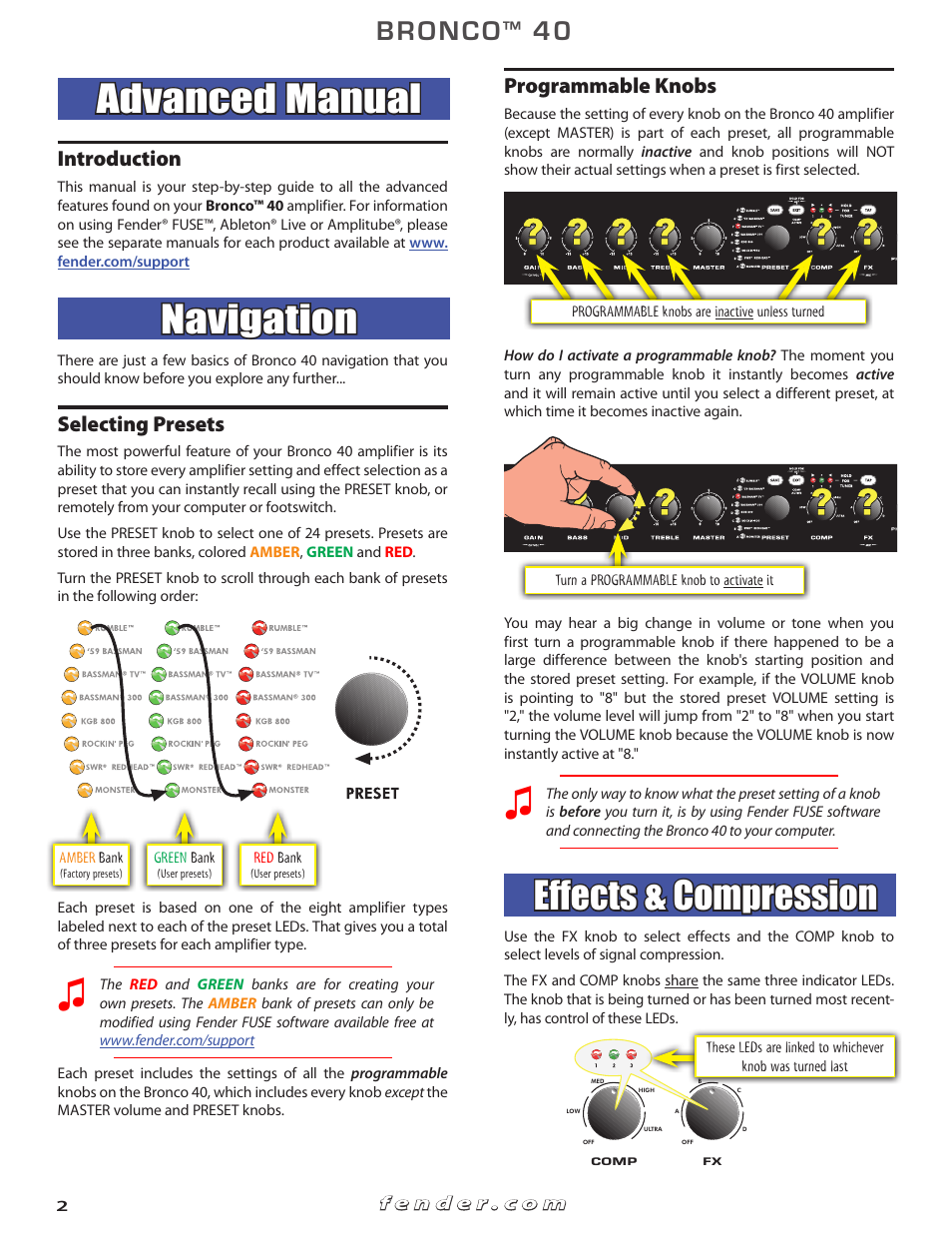 Advanced manual, Navigation, Effects & compression | Bronco, Introduction, Selecting presets, Programmable knobs | Fender Bronko 40 (Advanced owner's manual) User Manual | Page 2 / 6