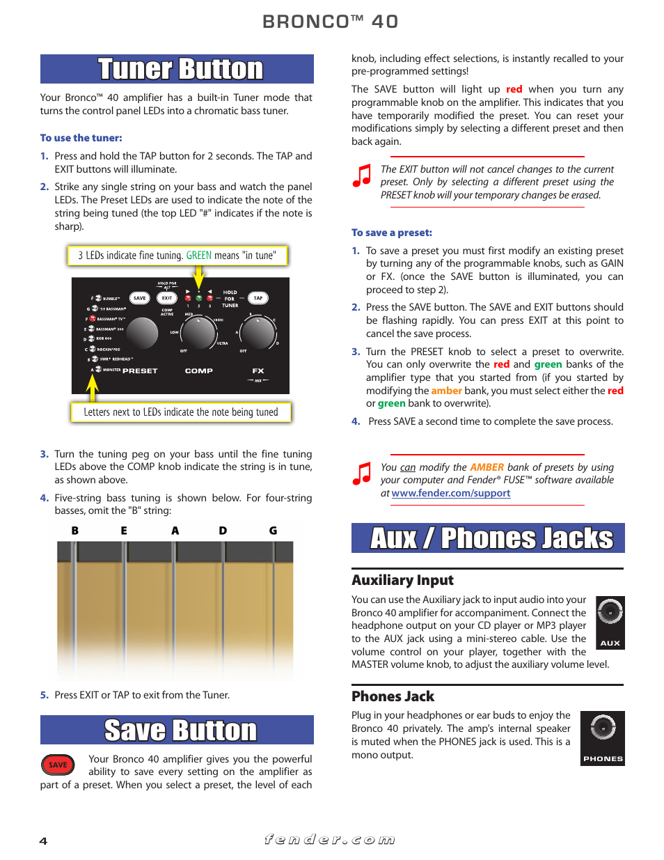Tuner button, Save button, Aux / phones jacks | Bronco, Auxiliary input, Phones jack | Fender Bronko 40 (Advanced owner's manual) User Manual | Page 4 / 6