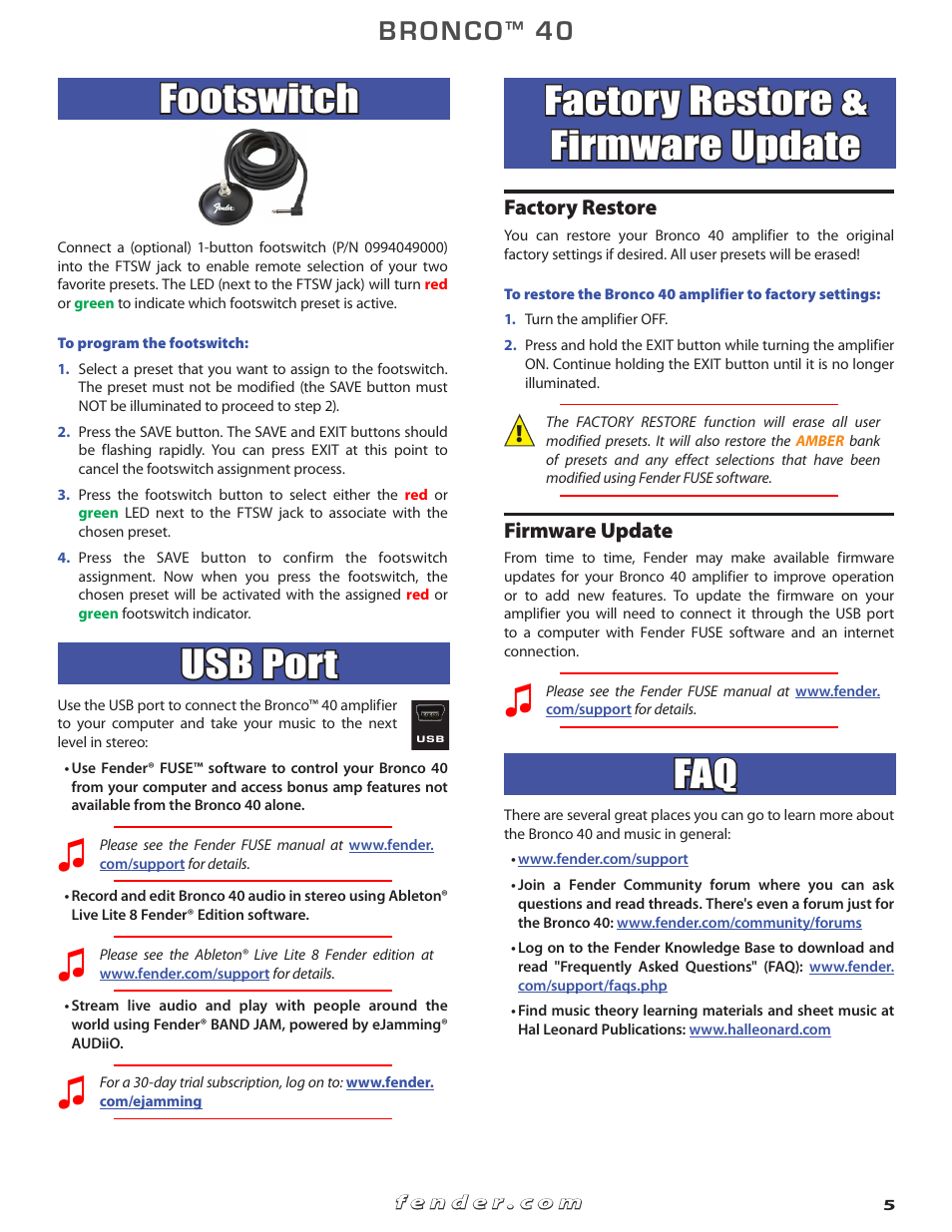 Footswitch, Usb port, Factory restore & firmware update | Bronco, Factory restore, Firmware update | Fender Bronko 40 (Advanced owner's manual) User Manual | Page 5 / 6