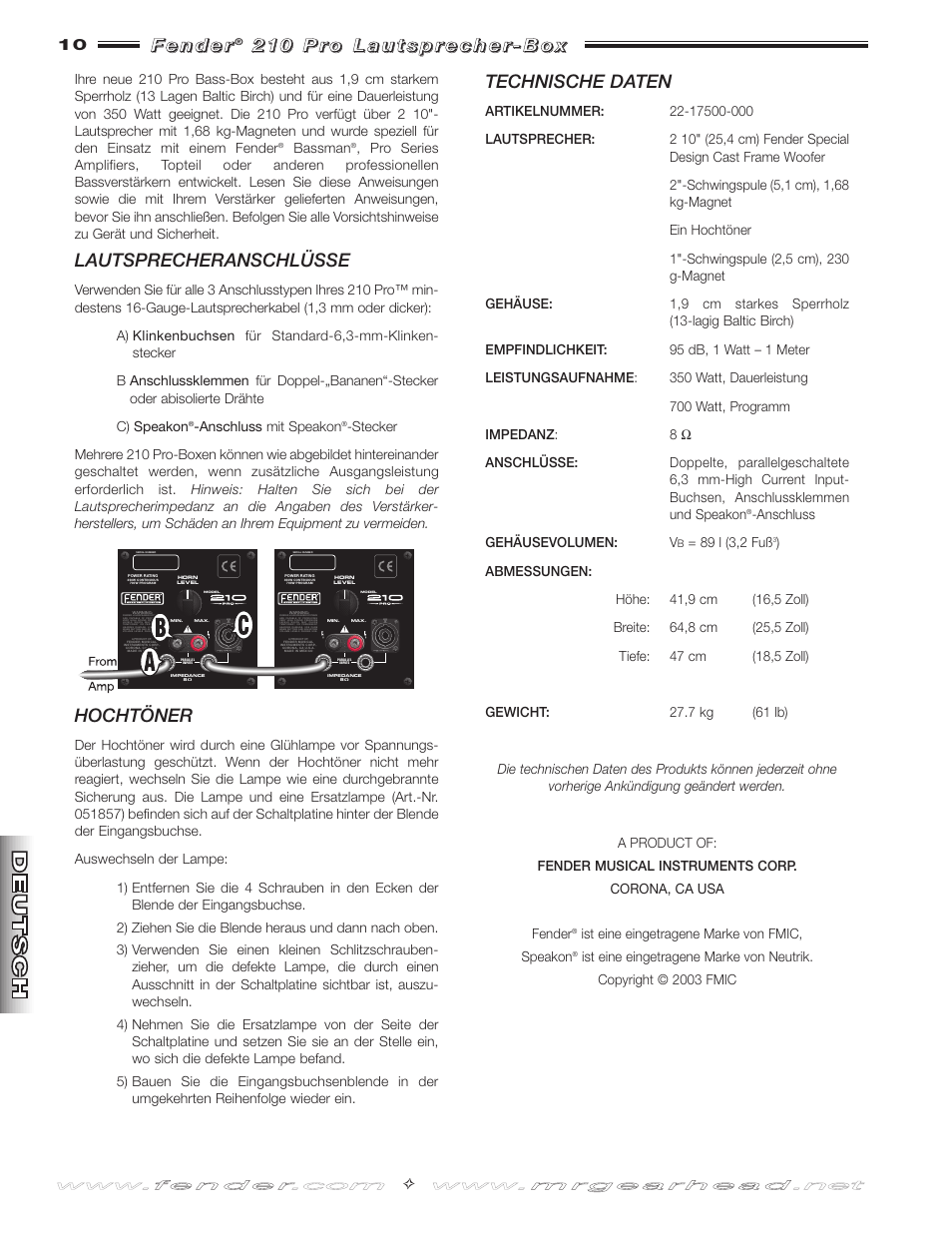 Lautsprecheranschlüsse, Hochtöner, Technische daten | Fender 210 Pro User Manual | Page 10 / 12