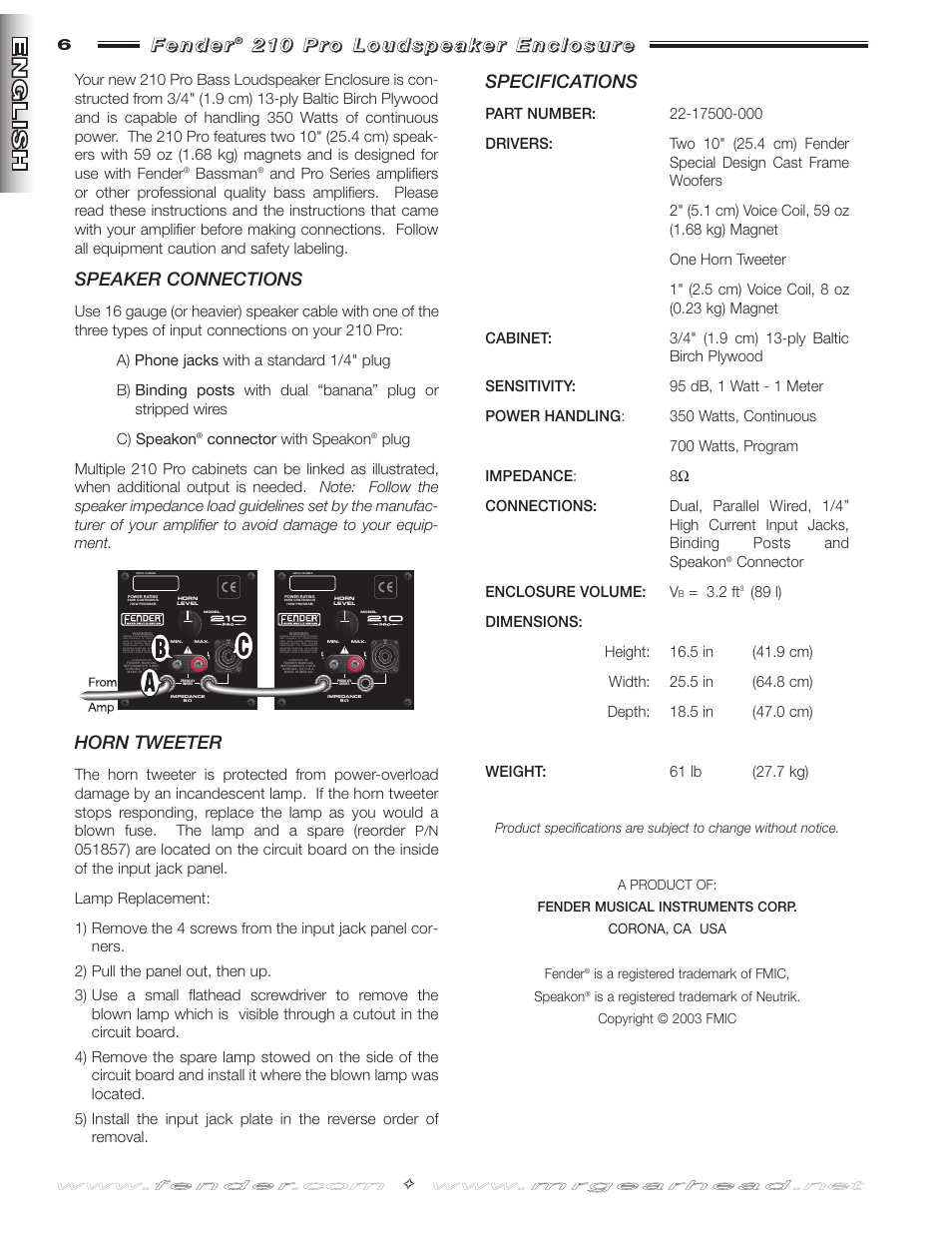 Speaker connections, Horn tweeter, Specifications | Fender 210 Pro User Manual | Page 6 / 12