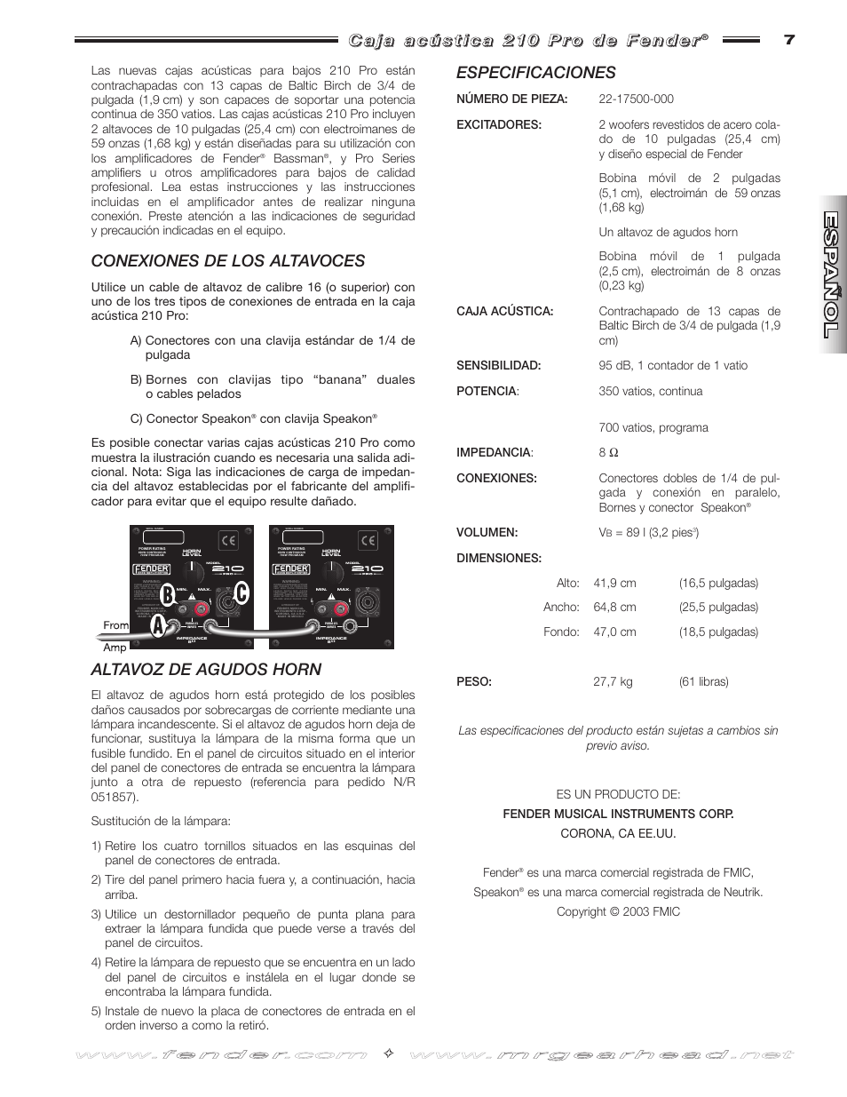 Conexiones de los altavoces, Altavoz de agudos horn, Especificaciones | Fender 210 Pro User Manual | Page 7 / 12