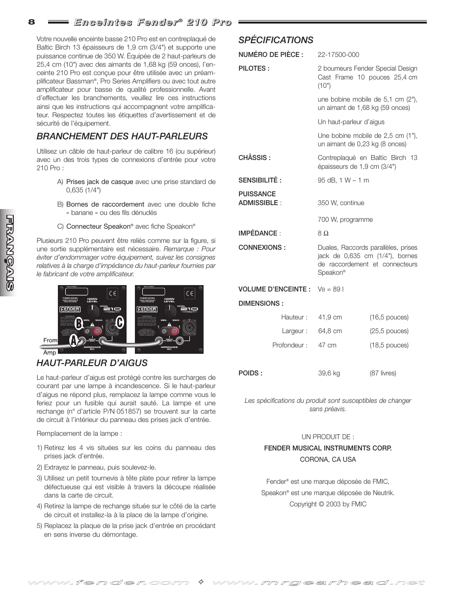 Branchement des haut-parleurs, Haut-parleur d’aigus, Spécifications | Fender 210 Pro User Manual | Page 8 / 12