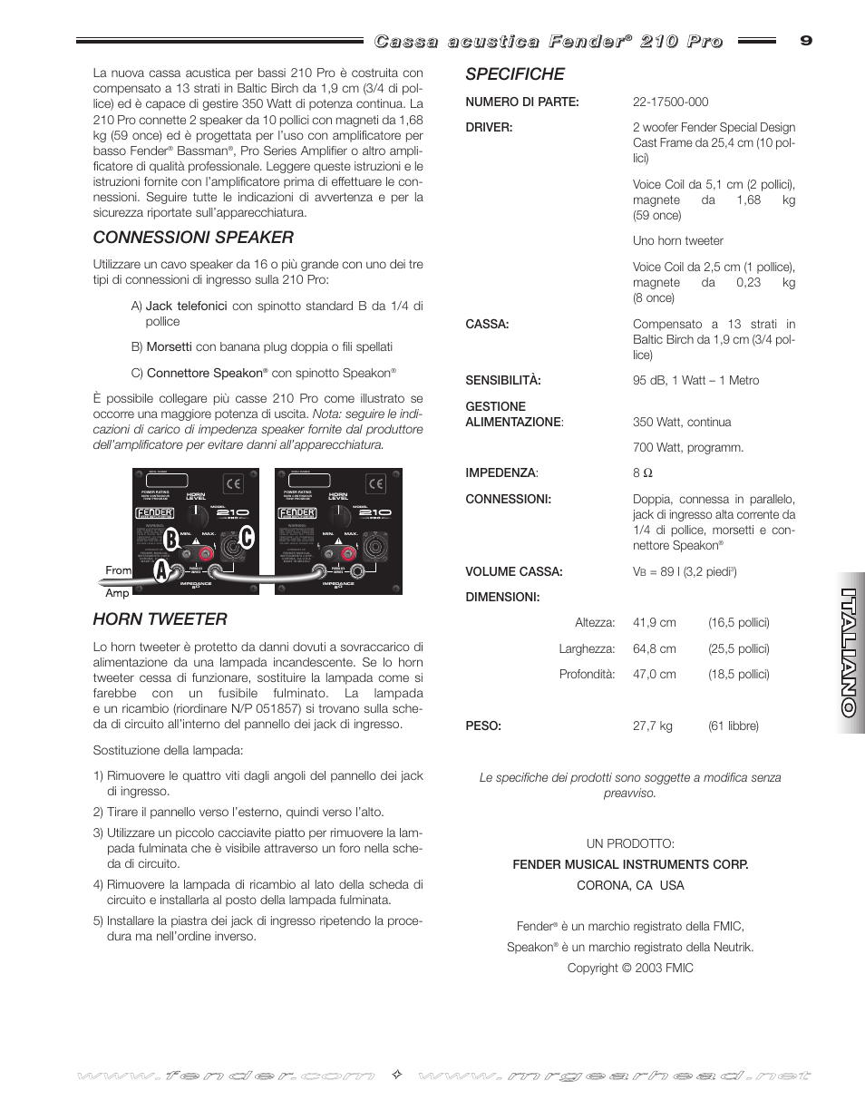 Connessioni speaker, Horn tweeter, Specifiche | Fender 210 Pro User Manual | Page 9 / 12