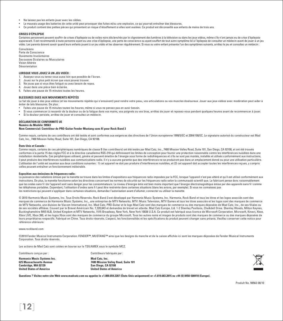 Rock Band Wireless Fender Mustang PRO-Guitar Controller Rock Band 3-Xbox 360 User Manual | Page 12 / 32