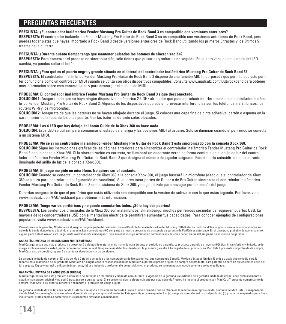 Preguntas frecuentes | Rock Band Wireless Fender Mustang PRO-Guitar Controller Rock Band 3-Xbox 360 User Manual | Page 14 / 32