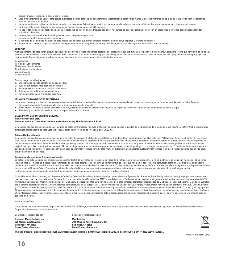 Rock Band Wireless Fender Mustang PRO-Guitar Controller Rock Band 3-Xbox 360 User Manual | Page 16 / 32