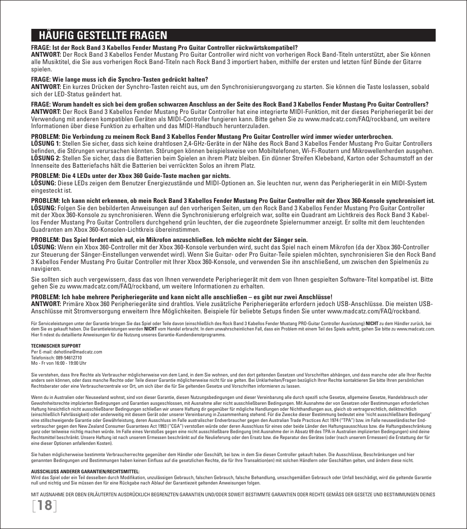 Häufig gestellte fragen | Rock Band Wireless Fender Mustang PRO-Guitar Controller Rock Band 3-Xbox 360 User Manual | Page 18 / 32