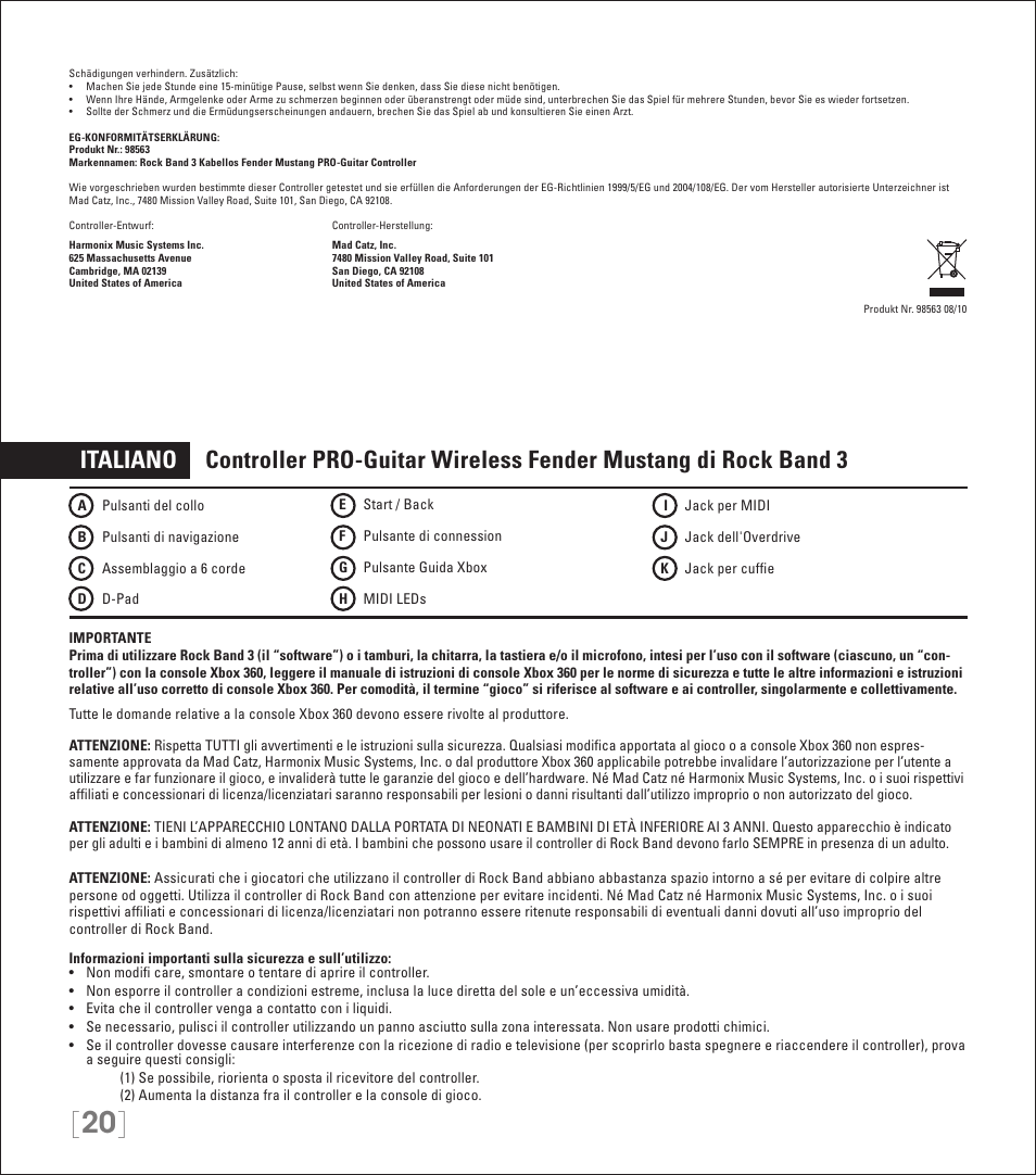 Rock Band Wireless Fender Mustang PRO-Guitar Controller Rock Band 3-Xbox 360 User Manual | Page 20 / 32