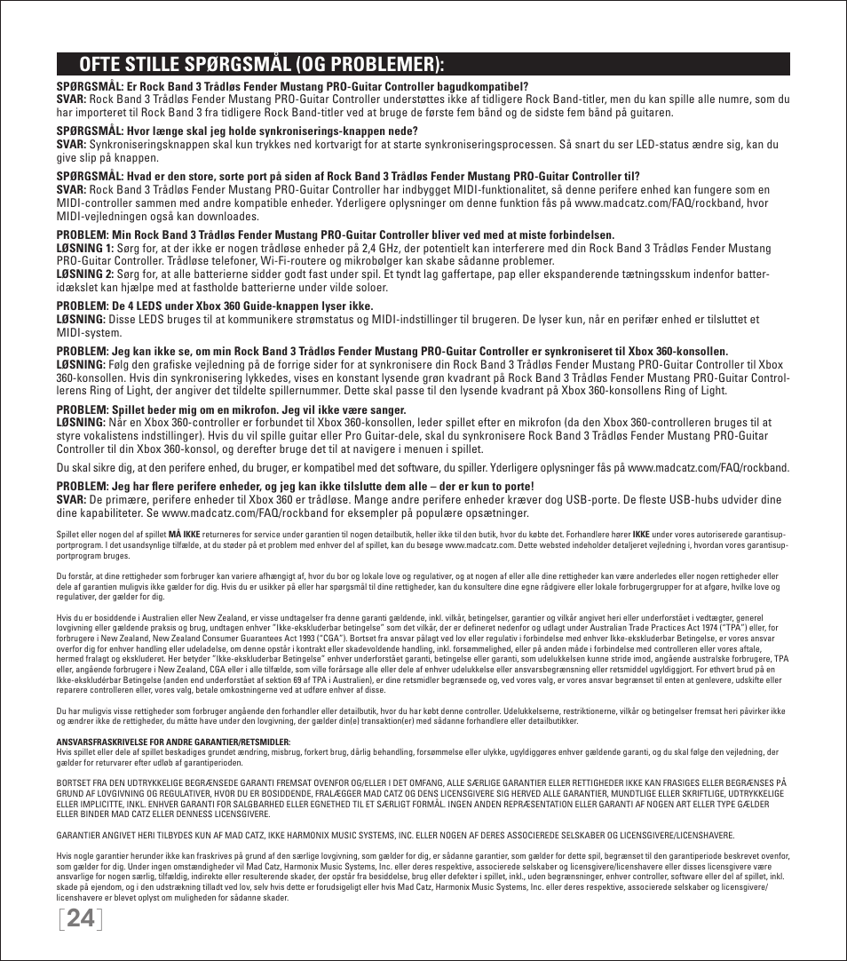 Ofte stille spørgsmål (og problemer) | Rock Band Wireless Fender Mustang PRO-Guitar Controller Rock Band 3-Xbox 360 User Manual | Page 24 / 32