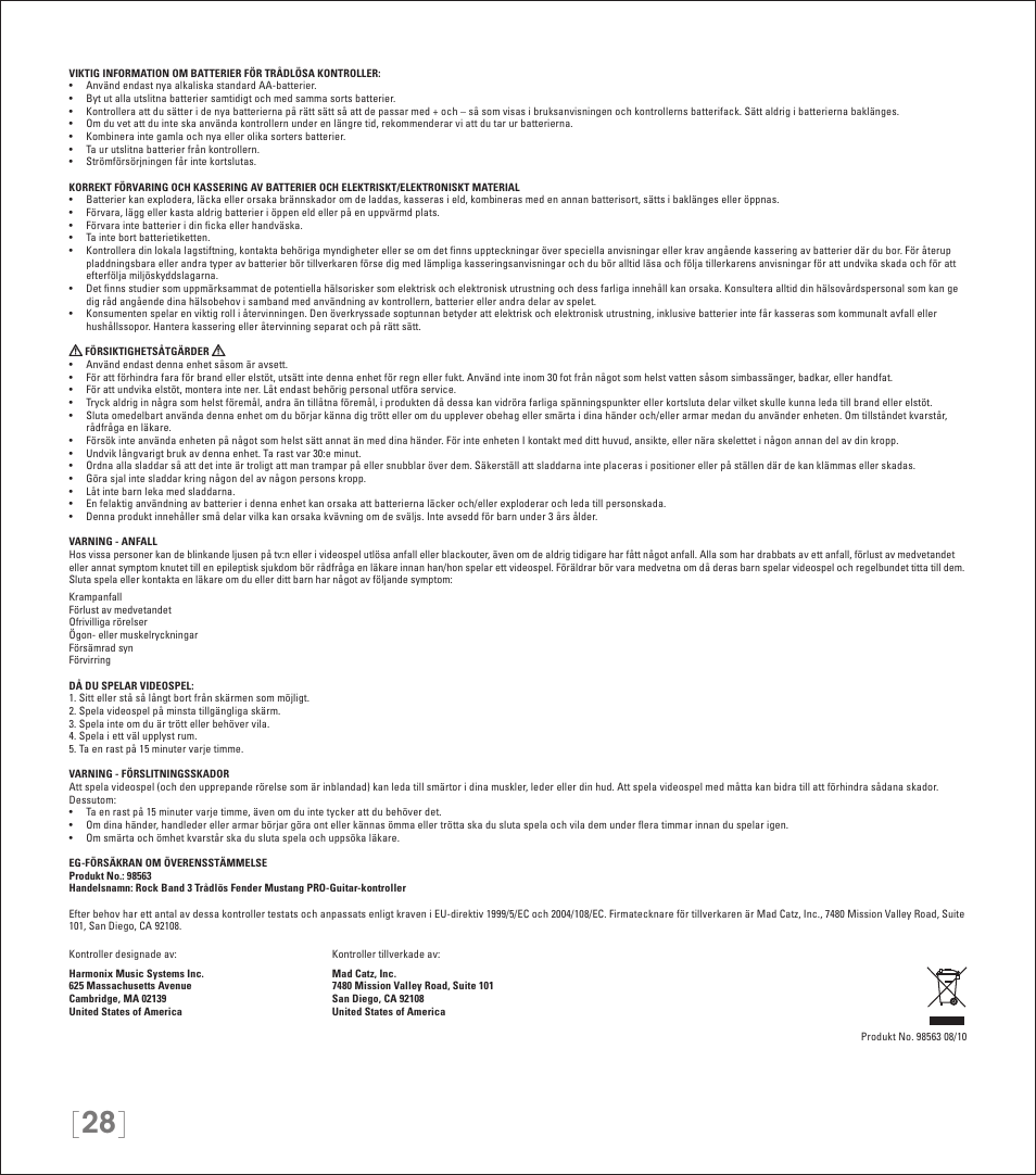 Rock Band Wireless Fender Mustang PRO-Guitar Controller Rock Band 3-Xbox 360 User Manual | Page 28 / 32