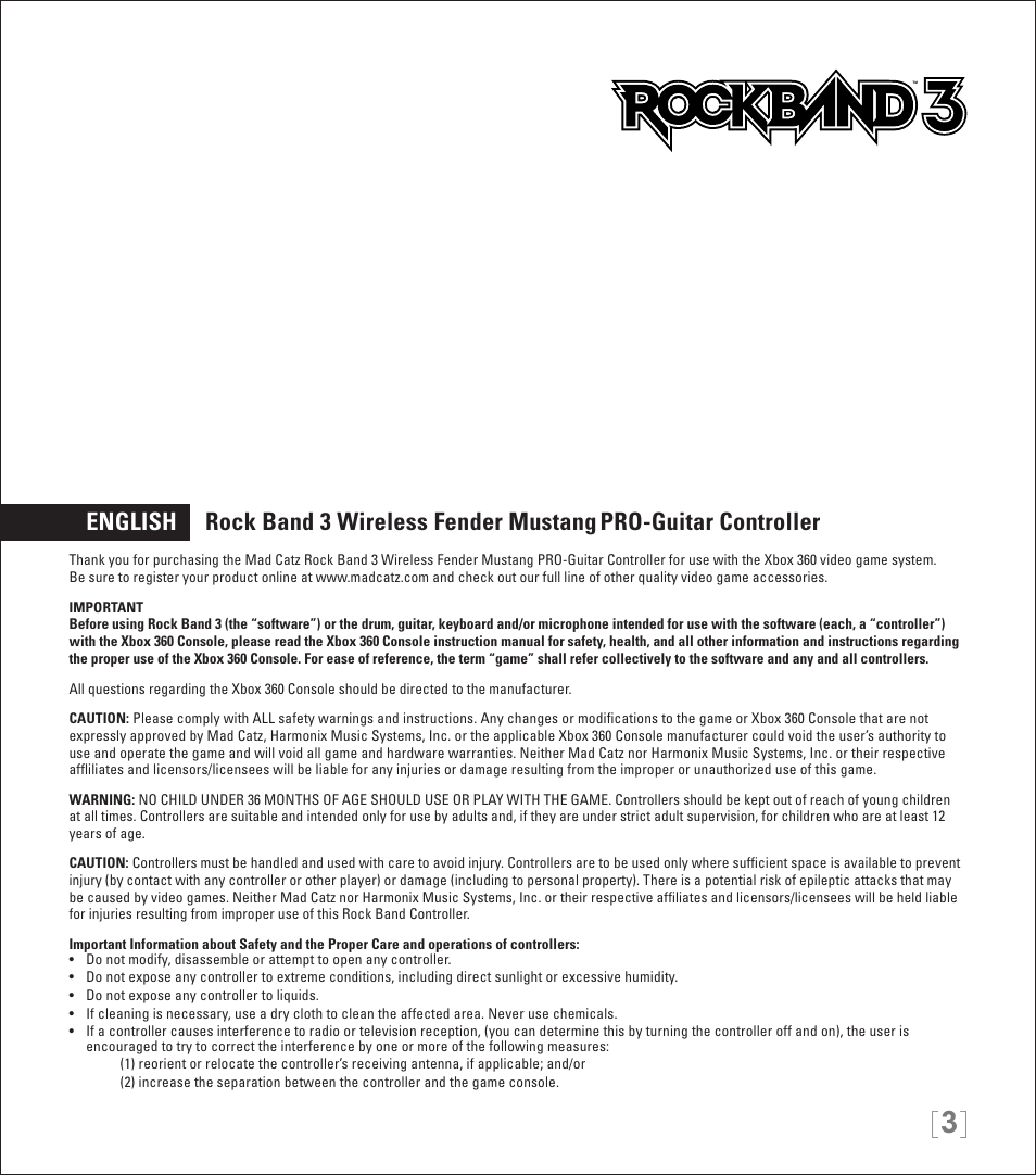 English rock band 3 wireless fender mustang, Pro-guitar controller | Rock Band Wireless Fender Mustang PRO-Guitar Controller Rock Band 3-Xbox 360 User Manual | Page 3 / 32