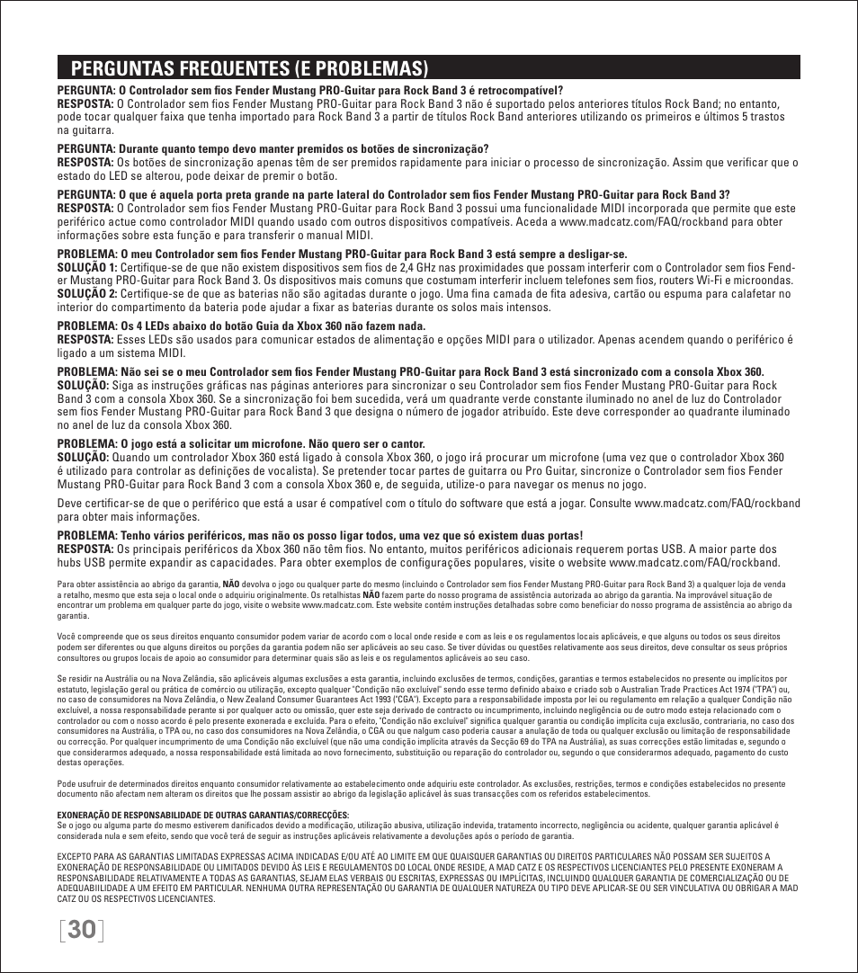 Perguntas frequentes (e problemas) | Rock Band Wireless Fender Mustang PRO-Guitar Controller Rock Band 3-Xbox 360 User Manual | Page 30 / 32