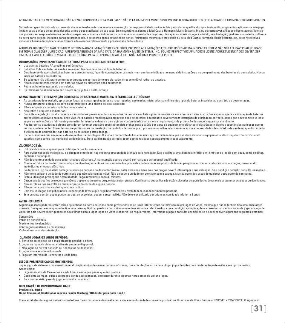 Rock Band Wireless Fender Mustang PRO-Guitar Controller Rock Band 3-Xbox 360 User Manual | Page 31 / 32