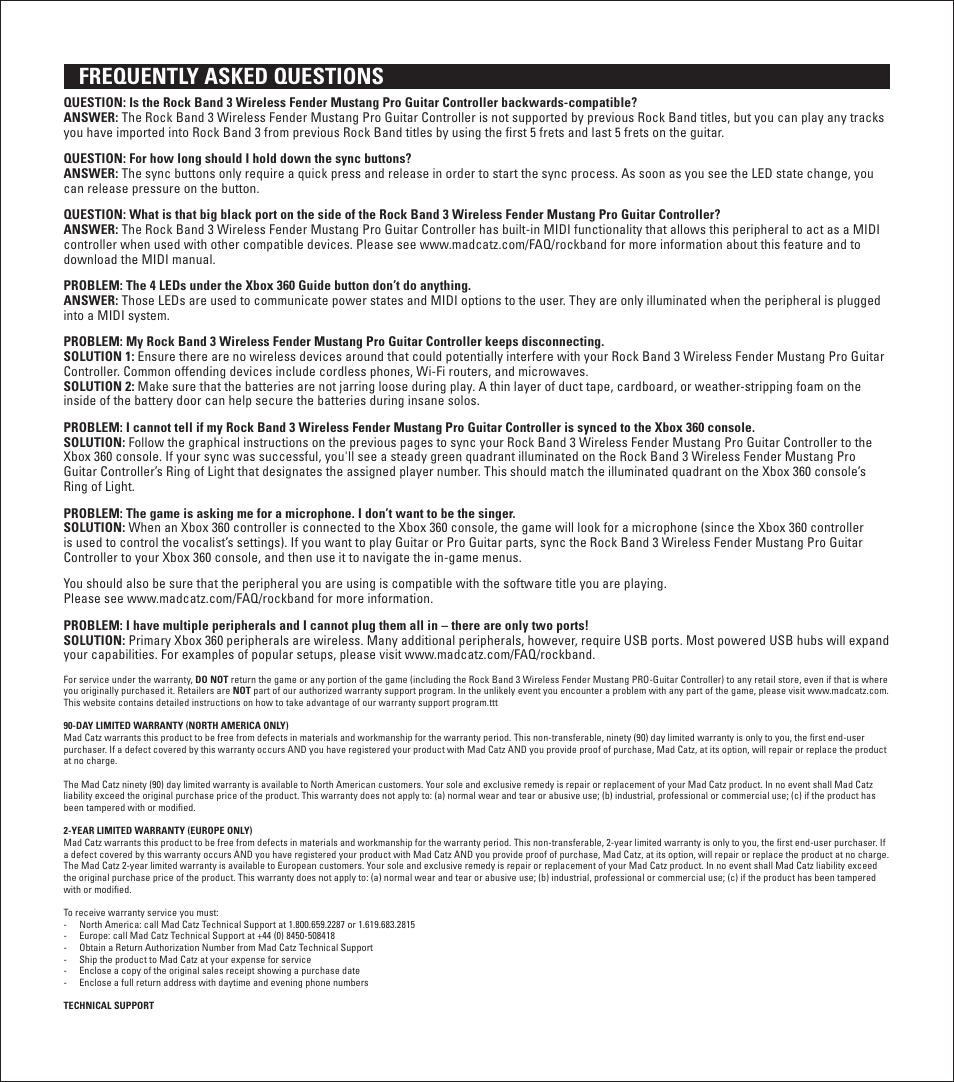 Frequently asked questions | Rock Band Wireless Fender Mustang PRO-Guitar Controller Rock Band 3-Xbox 360 User Manual | Page 6 / 32