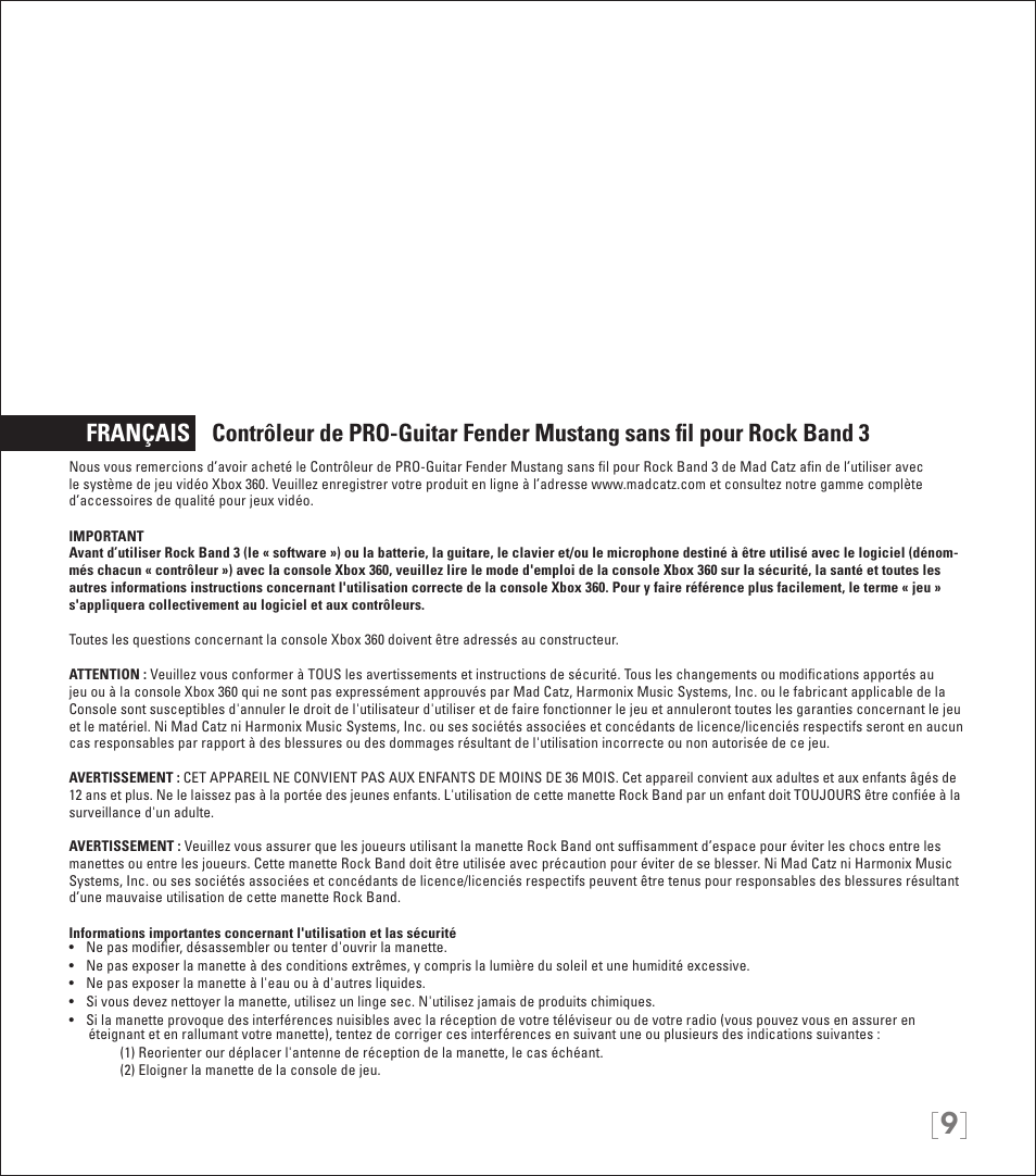 Rock Band Wireless Fender Mustang PRO-Guitar Controller Rock Band 3-Xbox 360 User Manual | Page 9 / 32