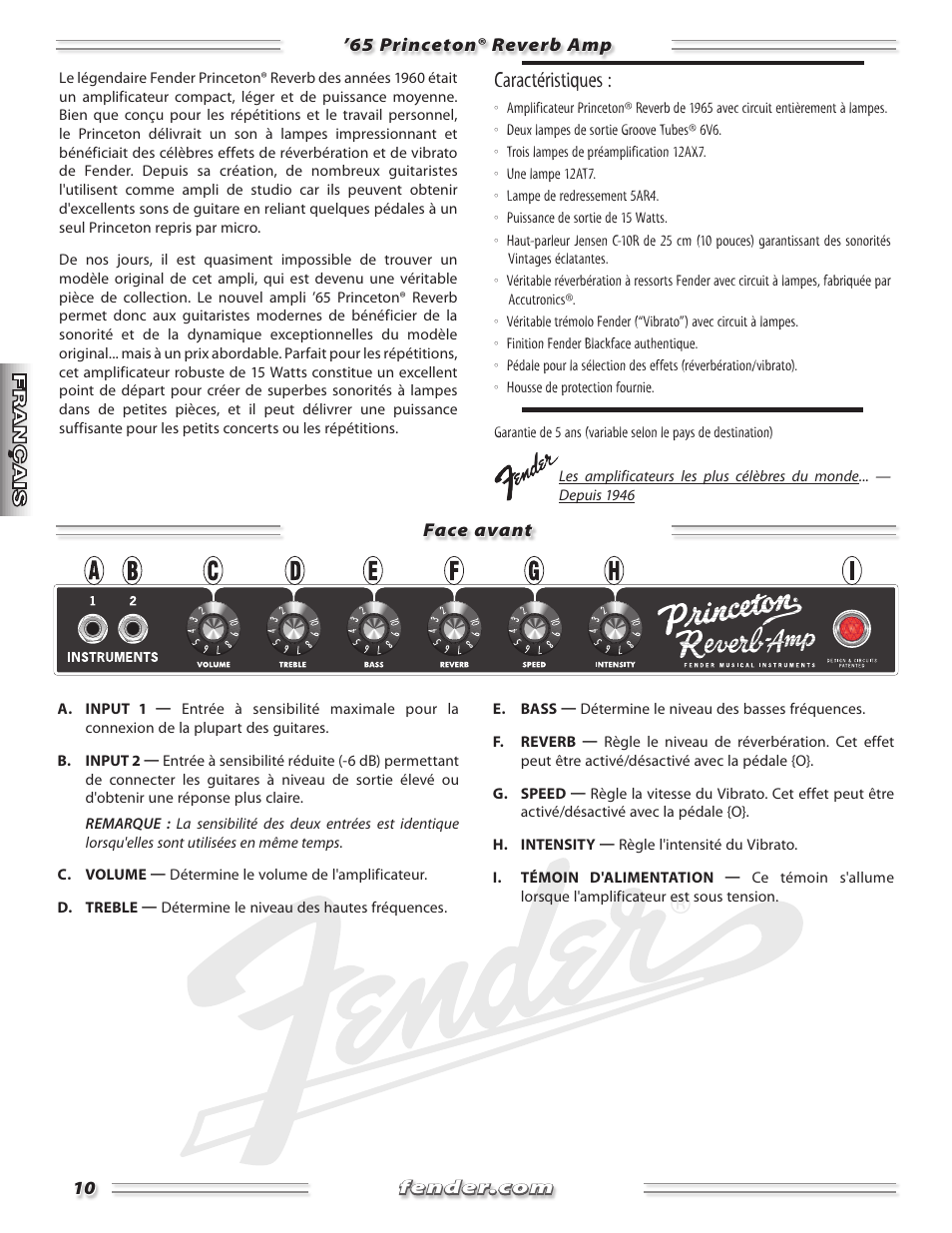 Caractéristiques | Fender Princeton 65 Reverb Amp User Manual | Page 10 / 20