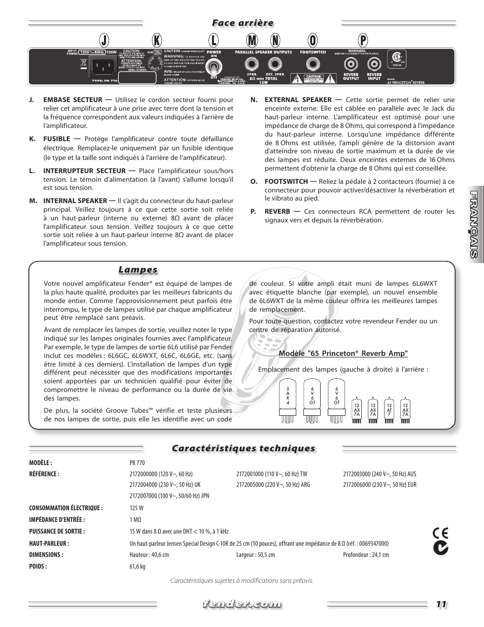 Lampes | Fender Princeton 65 Reverb Amp User Manual | Page 11 / 20