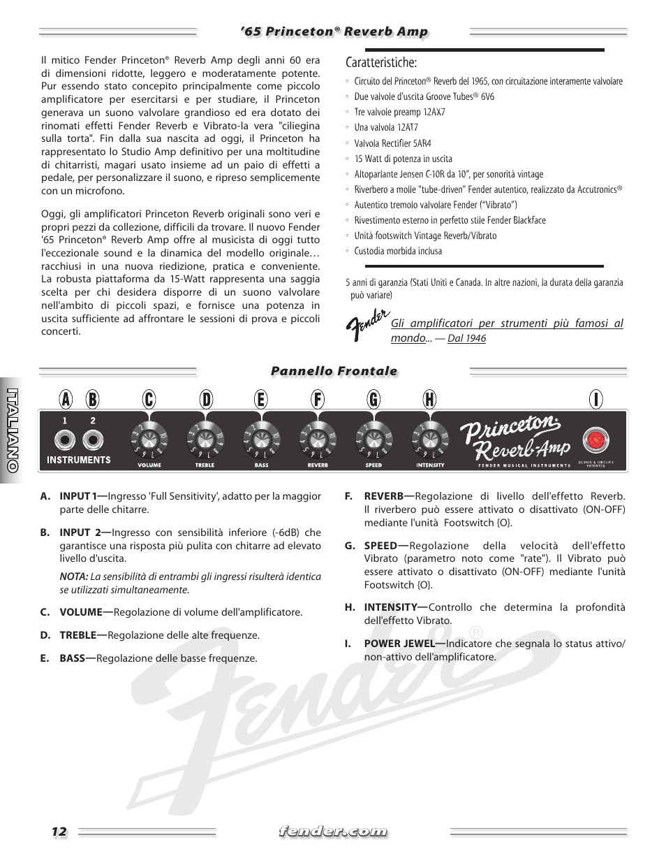 Caratteristiche | Fender Princeton 65 Reverb Amp User Manual | Page 12 / 20