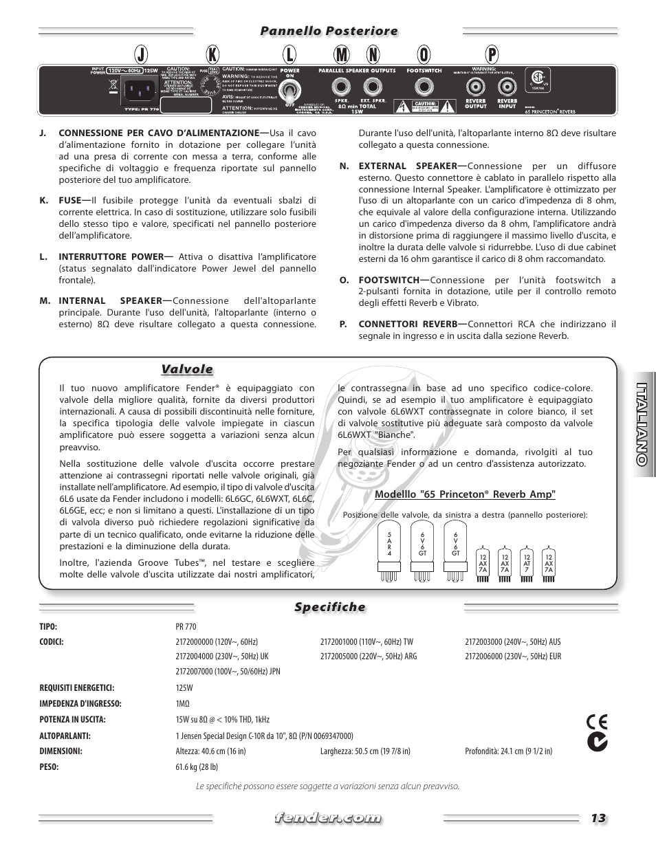 Valvole | Fender Princeton 65 Reverb Amp User Manual | Page 13 / 20