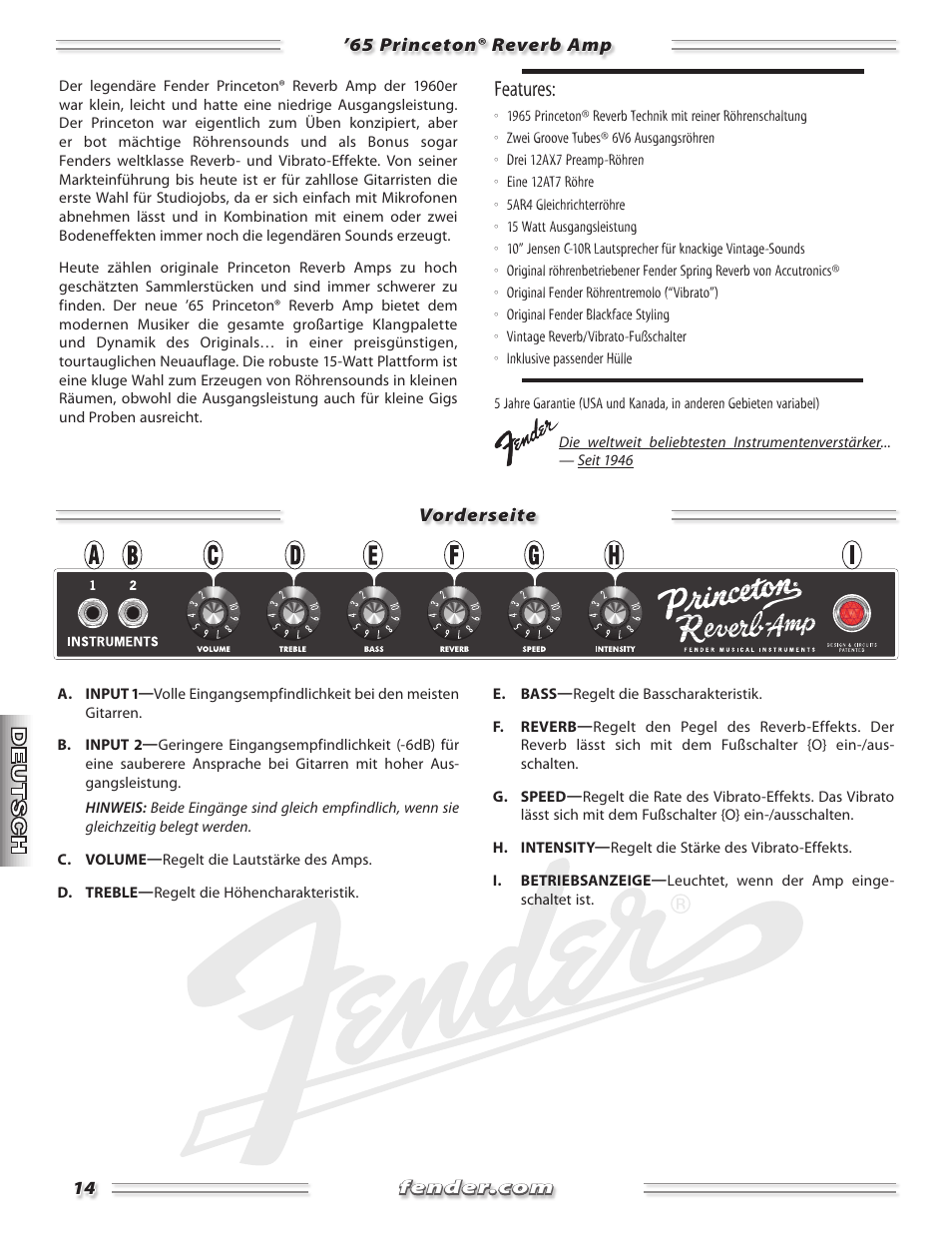 Features | Fender Princeton 65 Reverb Amp User Manual | Page 14 / 20