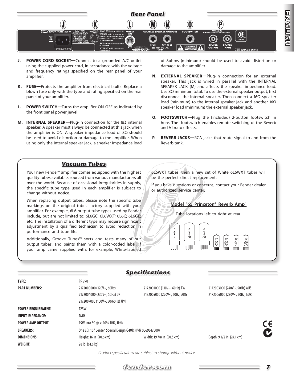 Vacuum tubes | Fender Princeton 65 Reverb Amp User Manual | Page 7 / 20