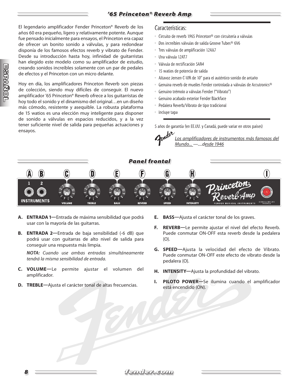 Características | Fender Princeton 65 Reverb Amp User Manual | Page 8 / 20