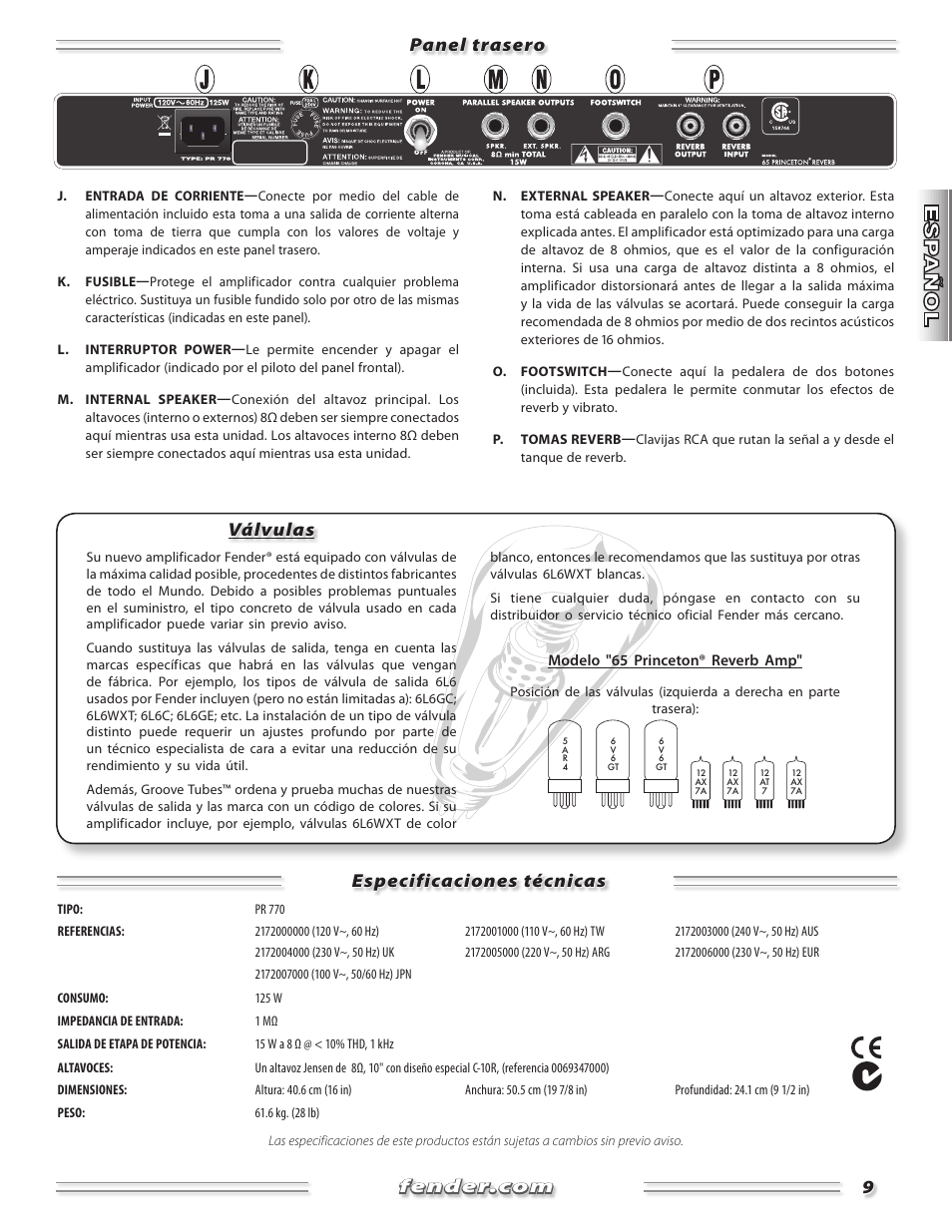Válvulas | Fender Princeton 65 Reverb Amp User Manual | Page 9 / 20