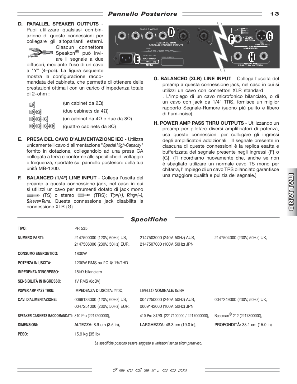 Specifiche, Pannello posteriore | Fender MB-1200 User Manual | Page 13 / 20